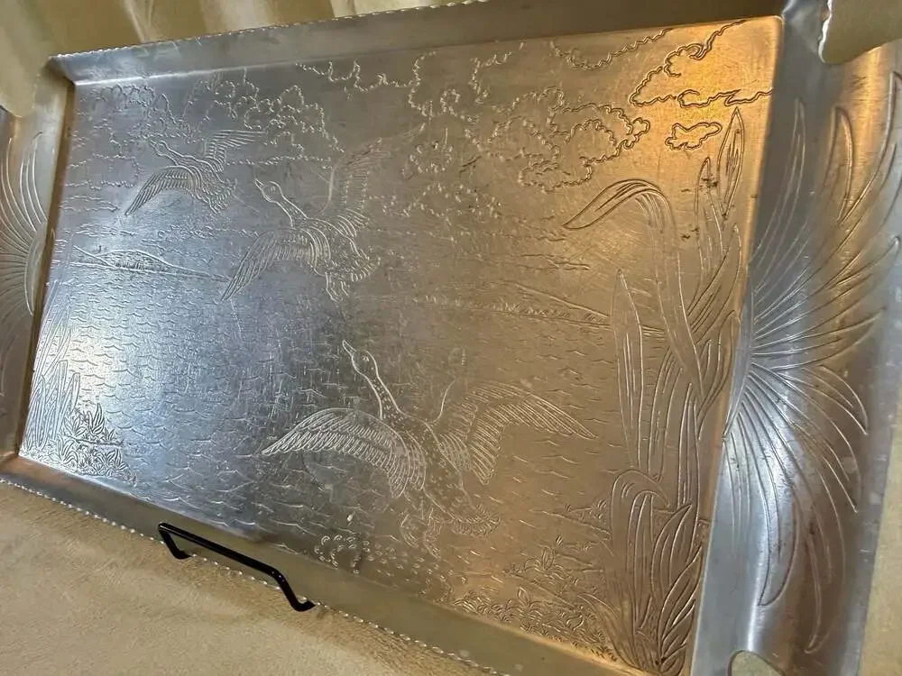 Vintage Admiration Aluminum Serving Tray with Embossed Geese Scenery